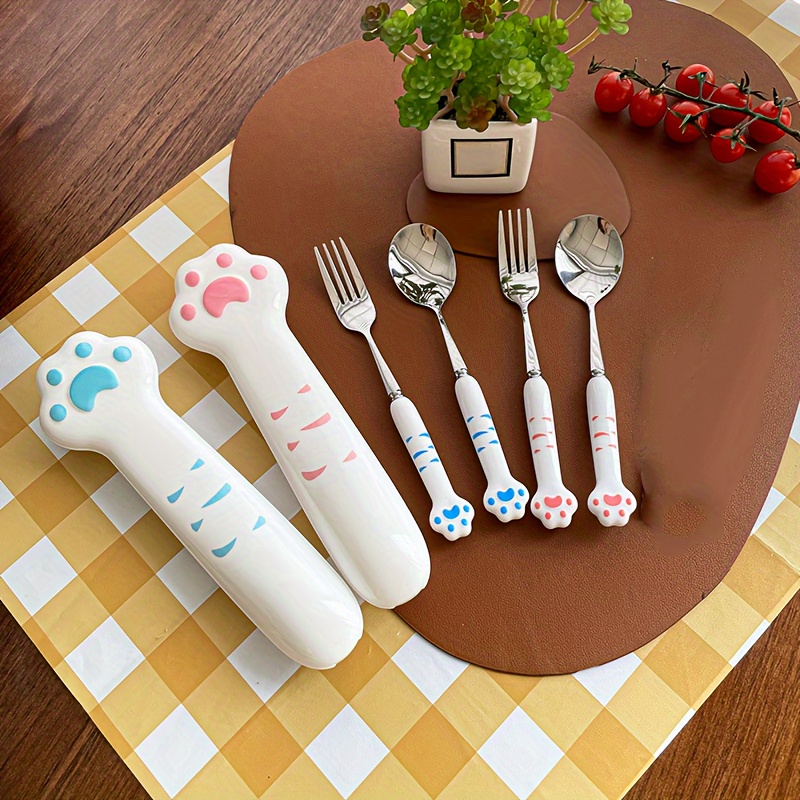 2pcs stainless steel outdoor cutlery set with cute cat paw case - portable reusable  , compact travel utensils with ergonomic grip & polished   for camping, picnic, hiking, school, work - durable & hygienic design, ideal for adults & ( ), durable plastic handles, fitness enthusiasts, school  , picnic essentials, stylish flatware, teardrop spoon,   cooks, healthconscious   Product details 2