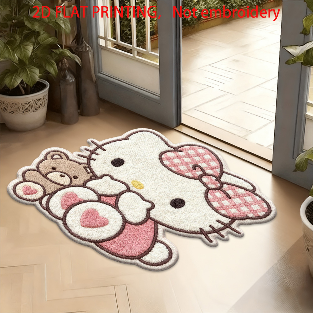 E-shop Sanrio Fußmatte aus Polyester mit 2D-Flachdruck, Hello Kitty weicher Flanell-Teppich, warme Bodenmatte für Schlafzimmer, Badezimmertür,