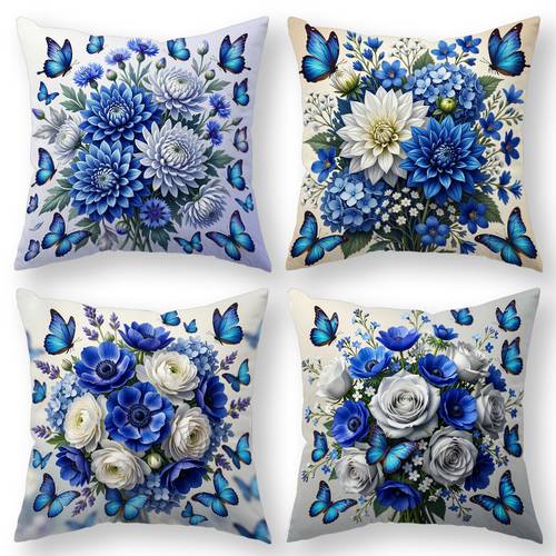 4pcs blue white floral throw pillow covers suitable for sofa bed chair cushion cases with zipper closure contemporary botanical decorative pillowcases for housewarming gift machine washable shams inserts not included