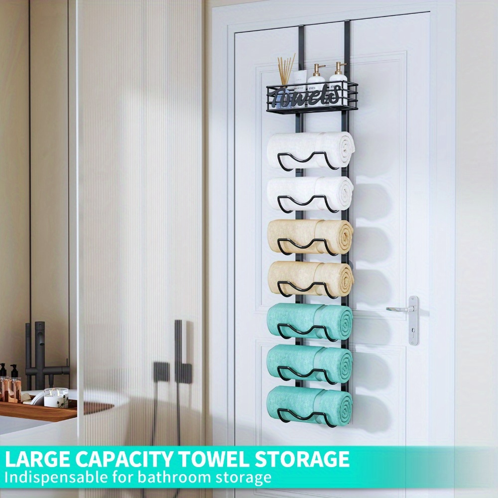 

1pc Over Door Towel Rack - 6 Tier Over The Door Towel Racks For Bathroom, Wall Mounted Towel Holder With Metal Shelf, Rolled Towel Organizer Door Hanging Towel Storage, For Christmas Gift.