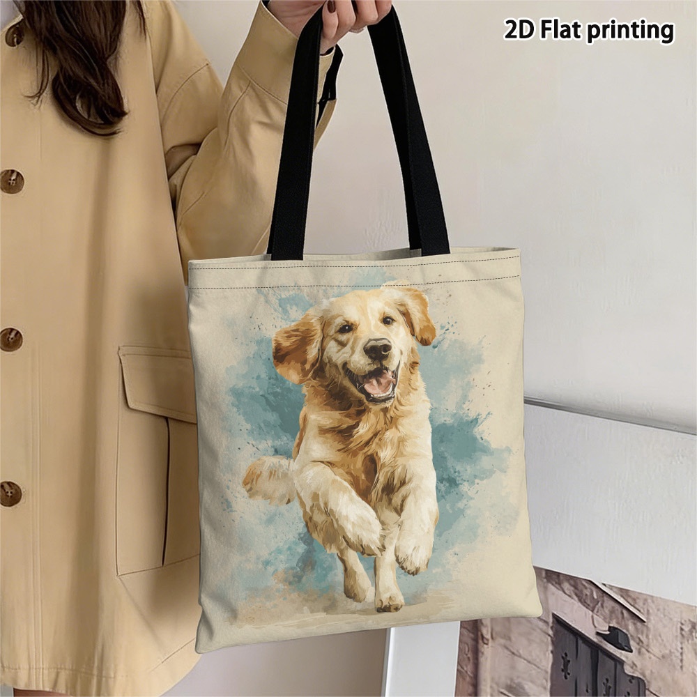 TEMU 1pc Of 2d Flat Watercolor Grocery Bags Featuring A Golden Retriever, Lightweight Crossbody School Bag, Fashionable Shopping Tote, Sturdy Design,