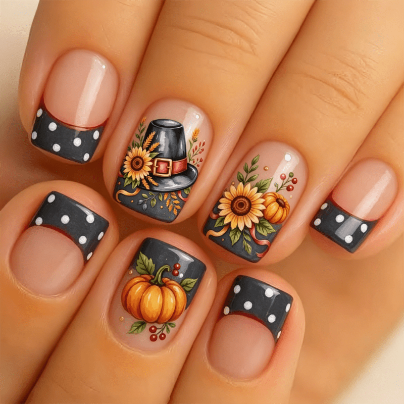 TEMU 72pcs Short Square Press On Nails Suitable For Women - Nude French Tips With Black Polka Dots, Hat & Pumpkin/sunflower Print False Nails, Glossy