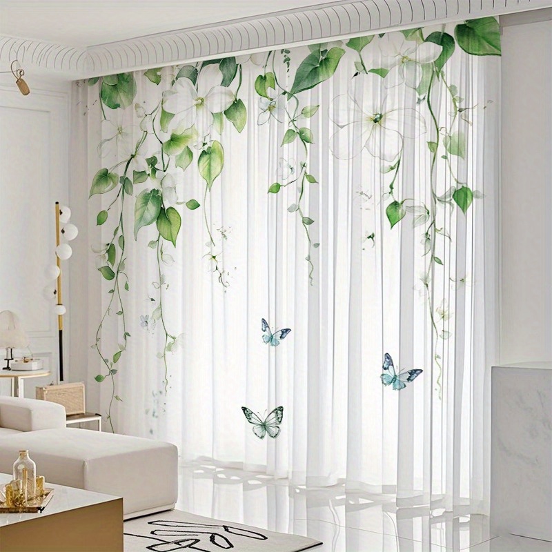 TEMU 2pcs Elegant Floral & Print Curtains Cute Sheers Leaf Curtain Tulle Vine Window Curtains Sheersivy Pretty Curtain For Living Room Bedroomwindow