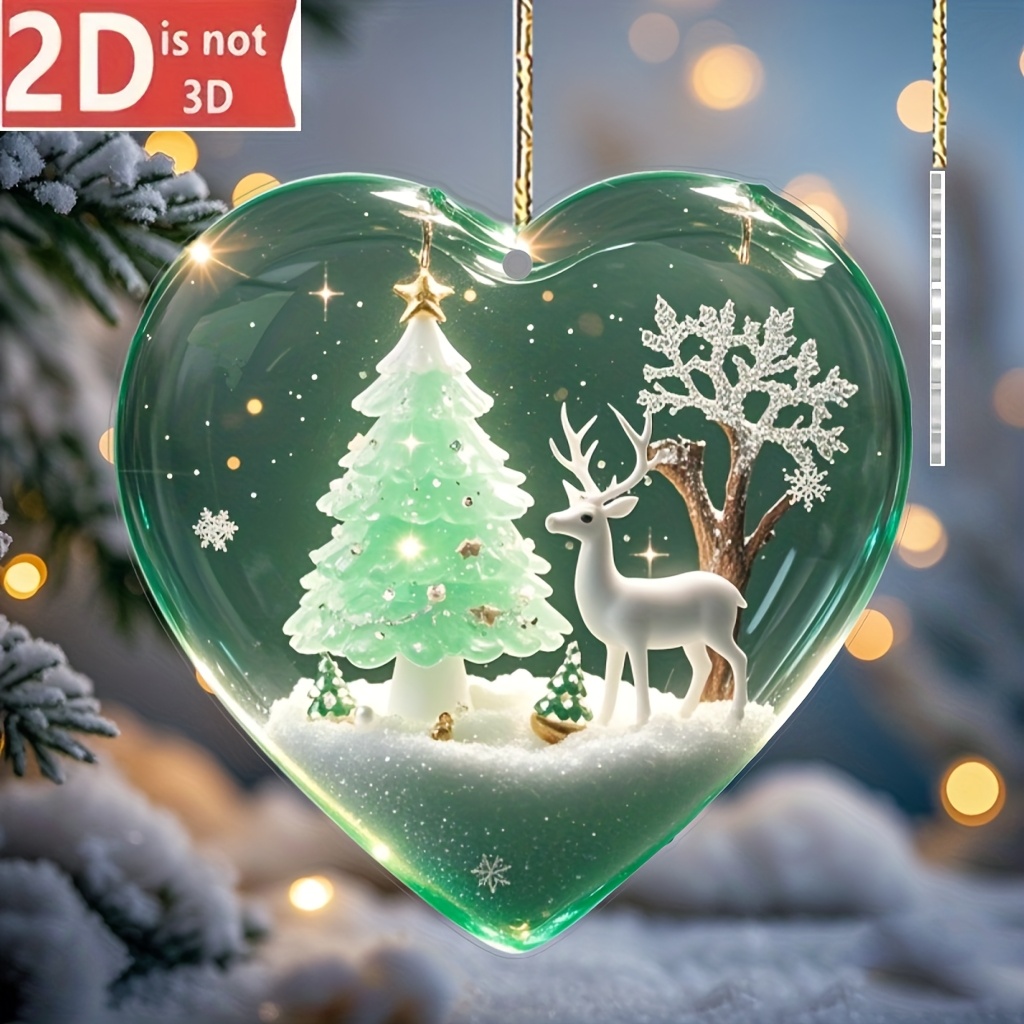 TEMU 2d Flat, 1pc Heart-shaped Acrylic Christmas Ornament With Reindeer, Christmas Tree And Snowflake Decor, Christmas Tree Decoration, Hanging