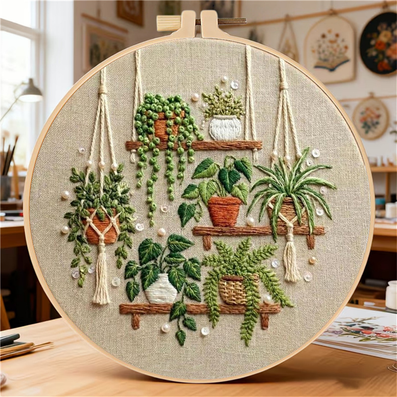TEMU Kit de broderie 1 parure, motif à trois couches de plantes vertes, kit de broderie fait main à faire soi-même pour adultes et débutants, inclut