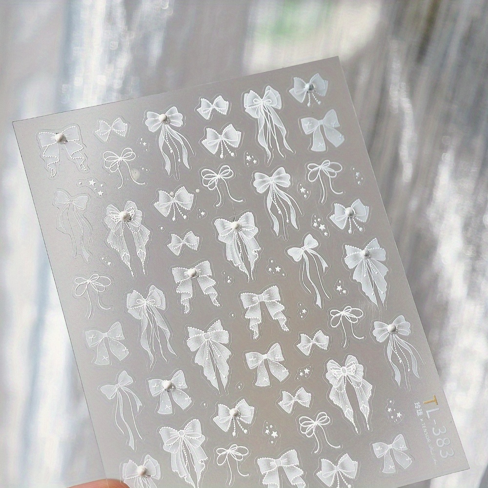 1pc 5d Embossed White Lace Bow With Pearls Nail Art Sticker Nail Art Slider Nail Decoration
