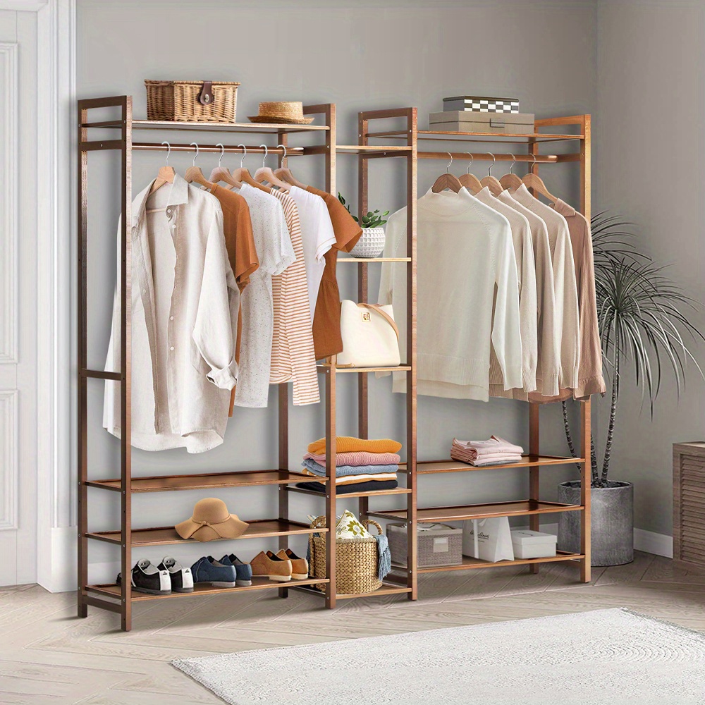   13 tier bamboo clothes rack heavy duty open wardrobe organizer with shelves hanging rail high quality wooden storage system for bedroom   organization easy assembly bedroom organizers and storage natural  