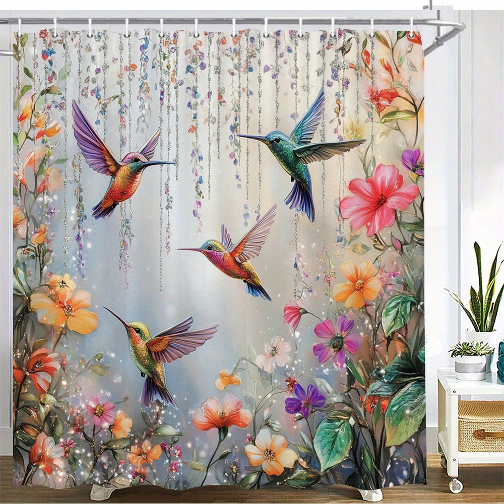 1pc whimsical hummingbird floral shower curtain vibrant   purple iridescent design durable polyester fabric machine washable ideal for bathroom home decor  