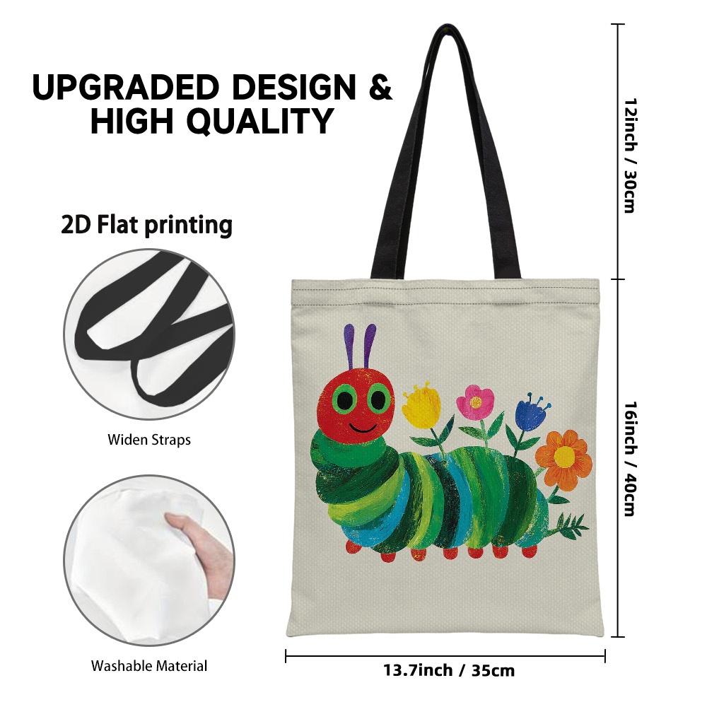 TEMU 1pc, 2d Flat Spring Caterpillar And Flowers Pattern Tote Bag - Vibrant Colorful Design, Reusable Grocery Bags, Durable Polyester Shoulder Bag,