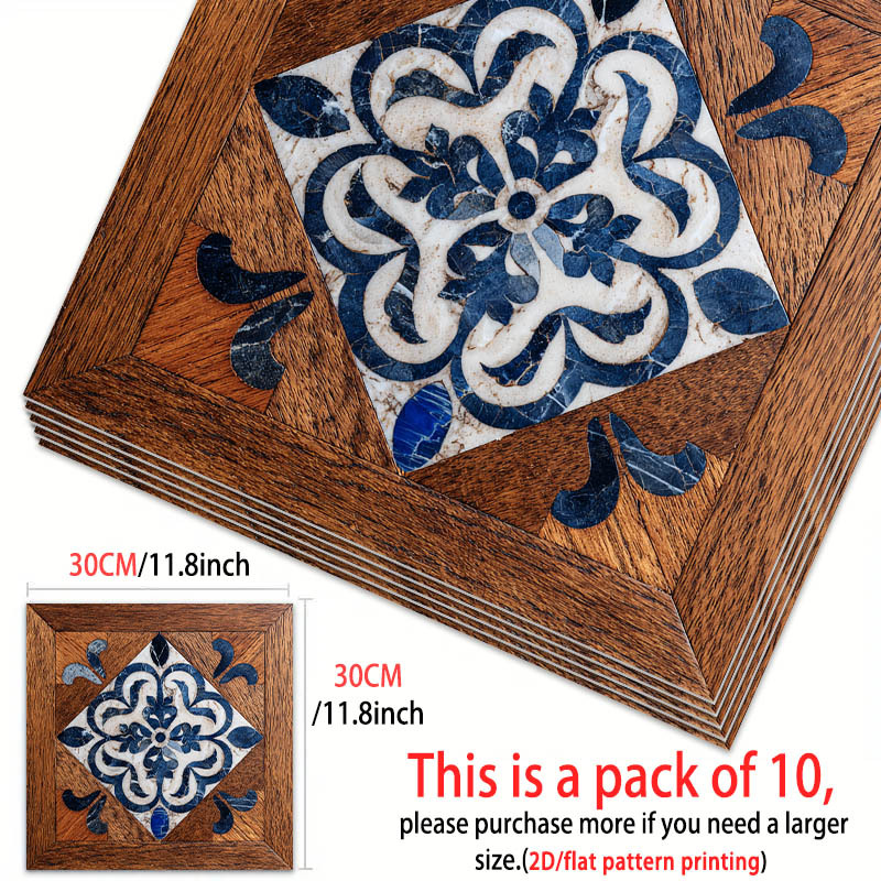 TEMU Lot de 10 feuilles d'autocollants de vinyle pour sol, adaptés , de bain, - Motif floral géométrique patchwork bleu et blanc, tapis de sol