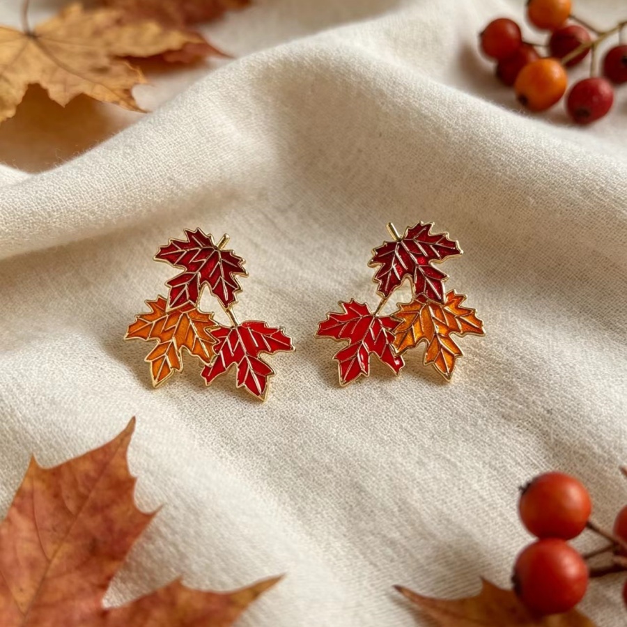TEMU 1 Pair Retro Elegant Thanksgiving Maple Leaf Enamel Design Stud Earrings, Suitable For Women' Party Travel Wear Autumn Gentle All-match Fashion