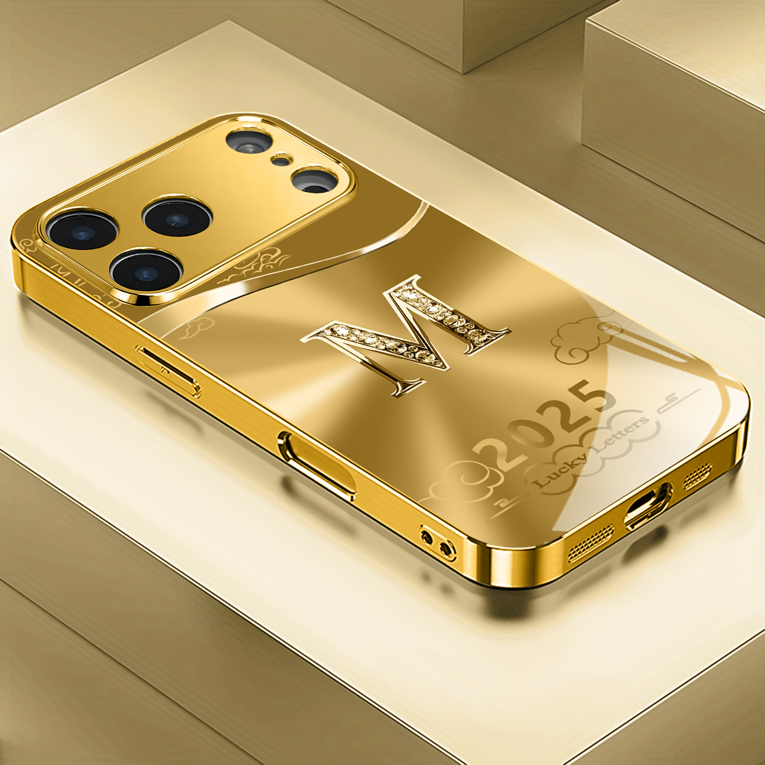 TEMU Phone Case: Creative Sparkling Rhinestone M-pattern Luxury Golden-plated Electroplated Frame Phone Case, Suitable For Iphone 17/17 Pro/17 Air/17