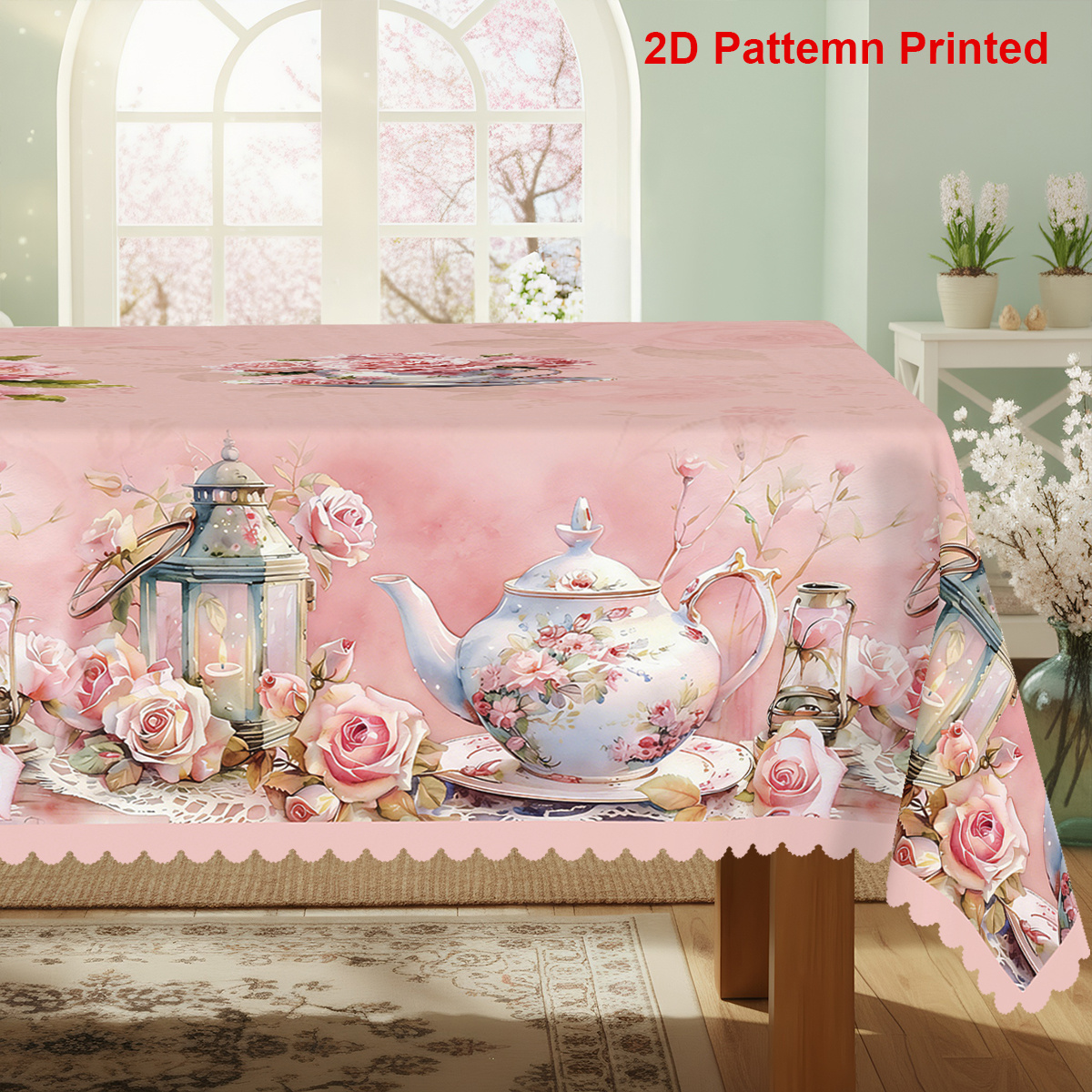 TEMU 1pc Spring/summer Themed Party Tablecloth, Durable Polyester Tablecloth, Valentine's Day/ Themed, Pink Tablecloth With Teapot And Rose Print,