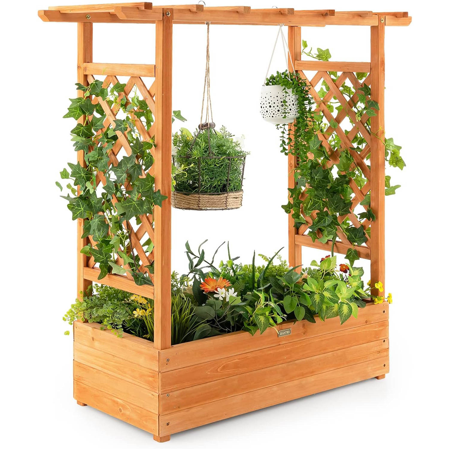 Image of Wood Planter Box With Arch Trellis, 110 X 44 X 113.5cm Outdoor Raised Garden Bed With Drainage Holes, Indoor& Outdoor Plant Stand For Climbing Plants, For Backyard, Patio, Balcony, Orange
