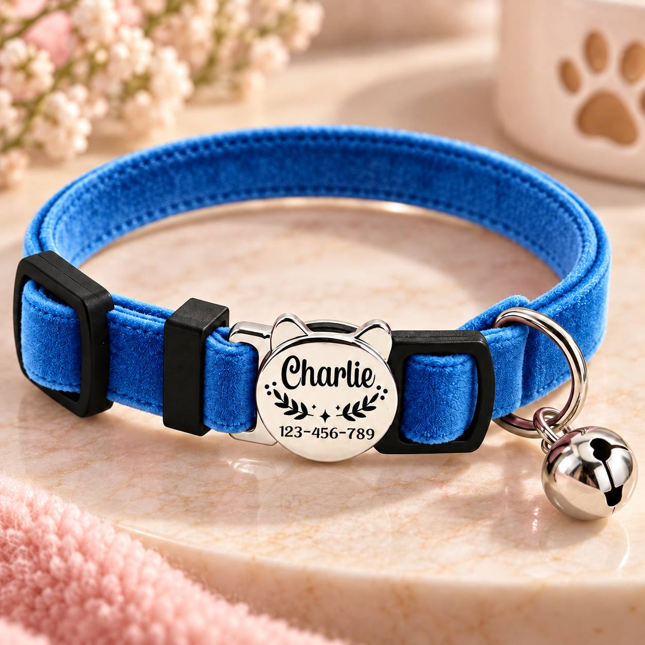 TEMU [customization] 1pc Custom Kitten Puppy Velvet Bell Collar, Free Custom Name And Phone Number With Pattern Engraving, Solid Color Suitable For