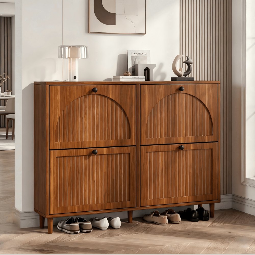 Walnut Wood Minimalist Ultra-thin Shoe Cabinet | 120cm, -compartment Storage, Black Round Handles, Tall Design, Versatile Decorative And Storage Furniture For Entryway, Foyer, Living Room, And Office.