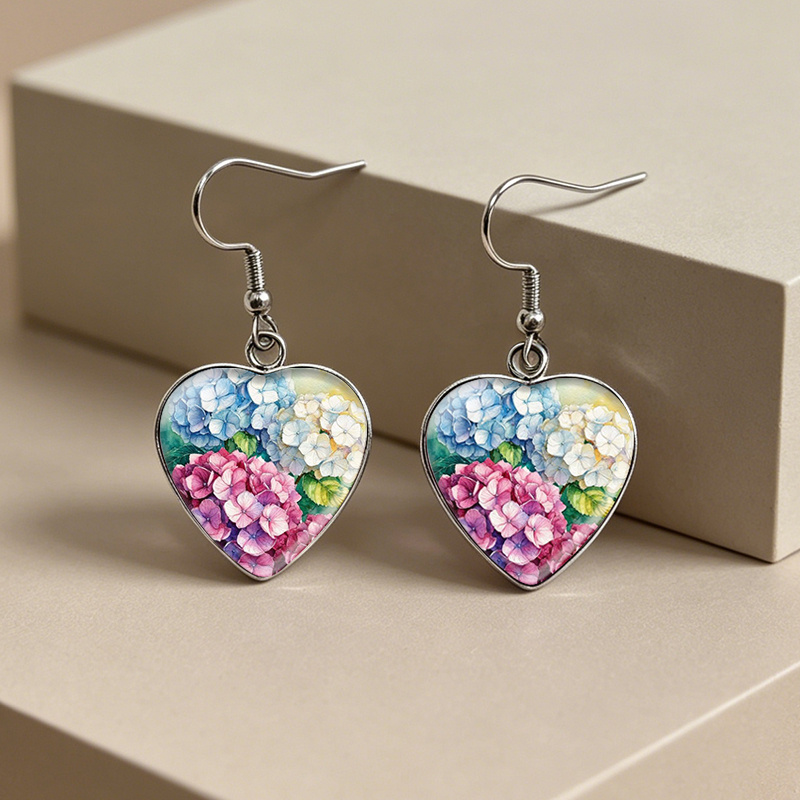 Multicolor Hydrangea Art Heart Shape Dangle Earrings