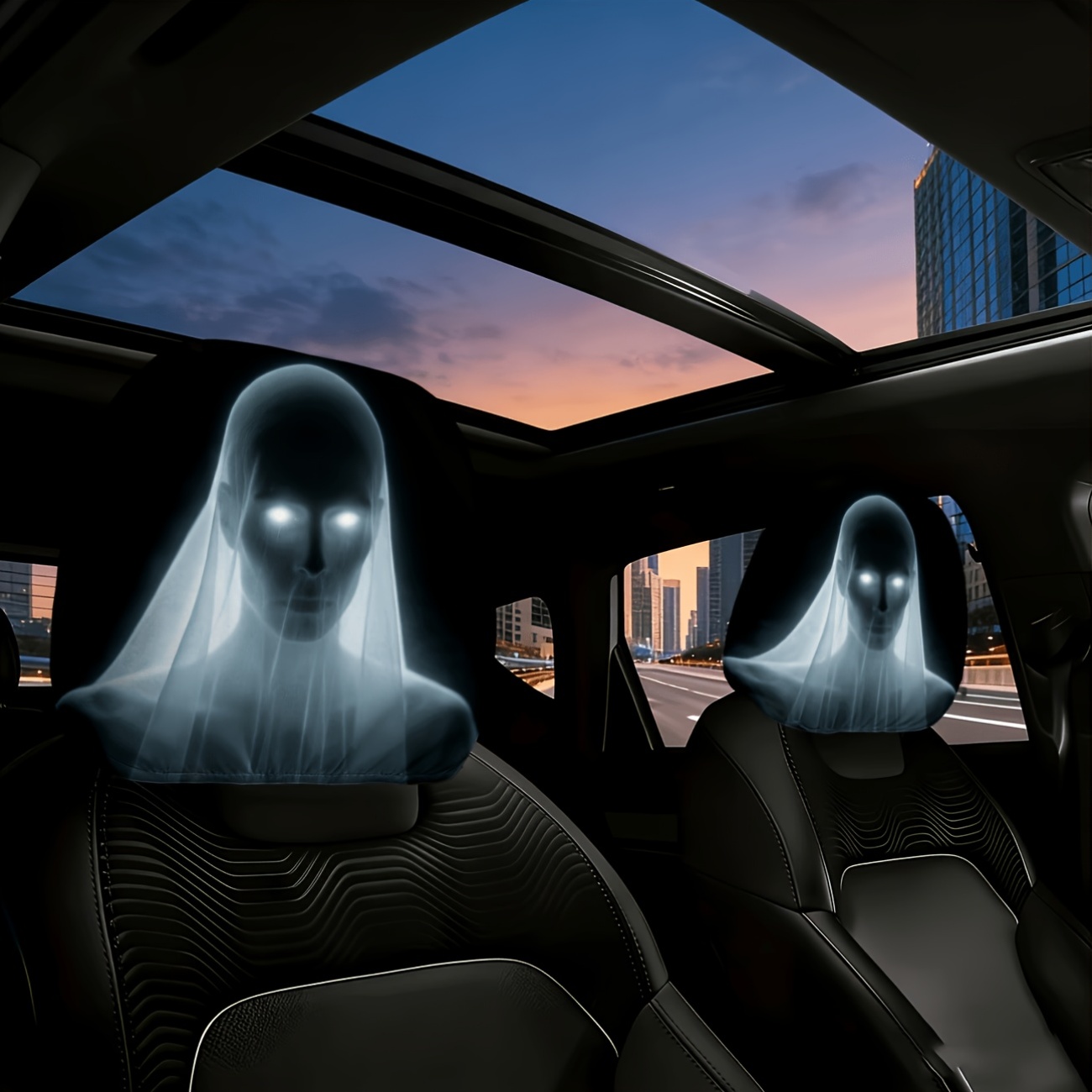 TEMU Halloween/' Day/all Hallows' Day Pack Of 2, Spooky Bride Mysterious Glowing Eyes Print Car Headrest Covers, Car Interior Additions, Washable, ,