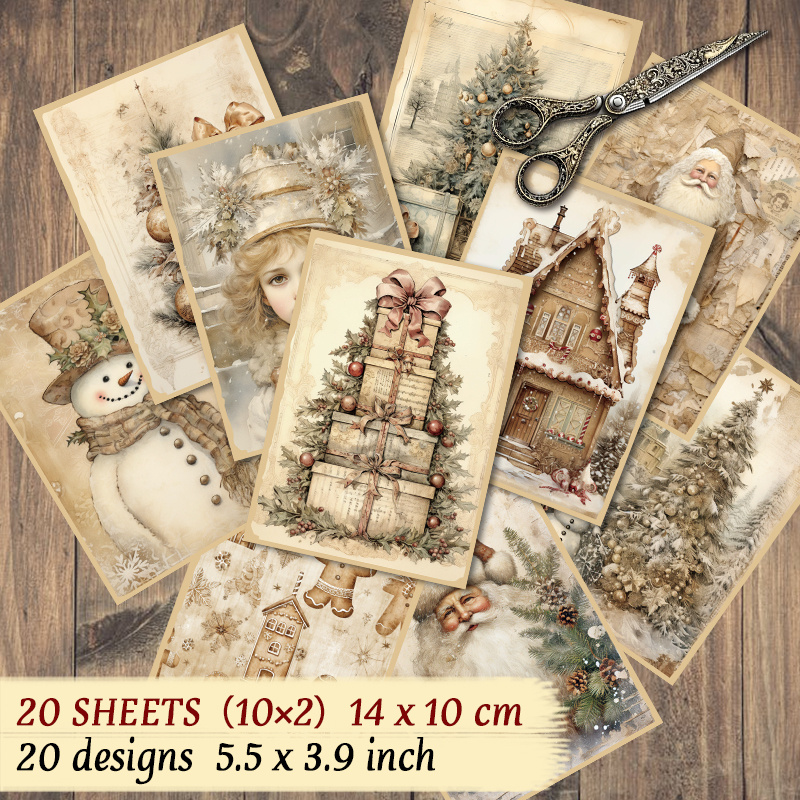 

Vintage Christmas Scrapbooking Paper Set, 20 Sheets - Reusable A6 Rectangular Craft & Gift Wrap For Festive Decorations