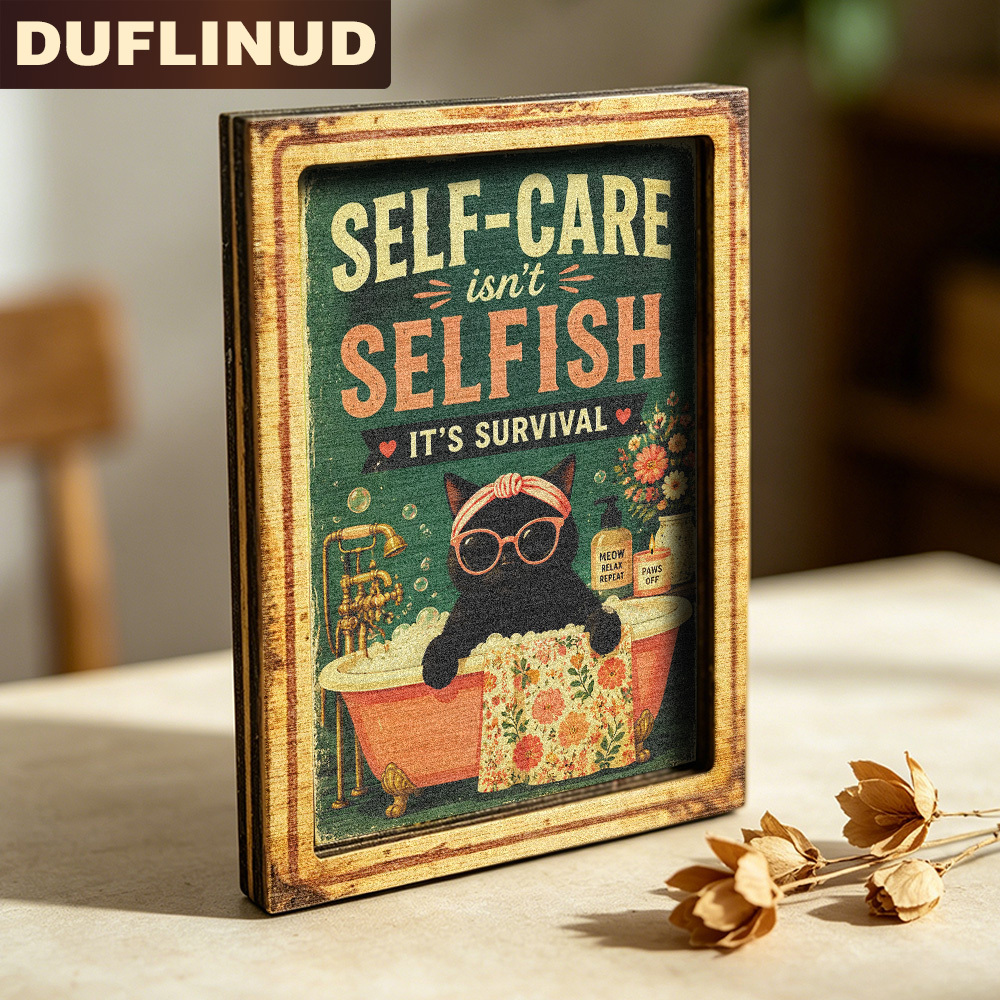 TEMU Black Cat Bathing Fridge Magnet, Mini Decorative Plate Retro Style Black Cat Bathing Design, With Self-care Inspirational Slogan, Wooden Fridge