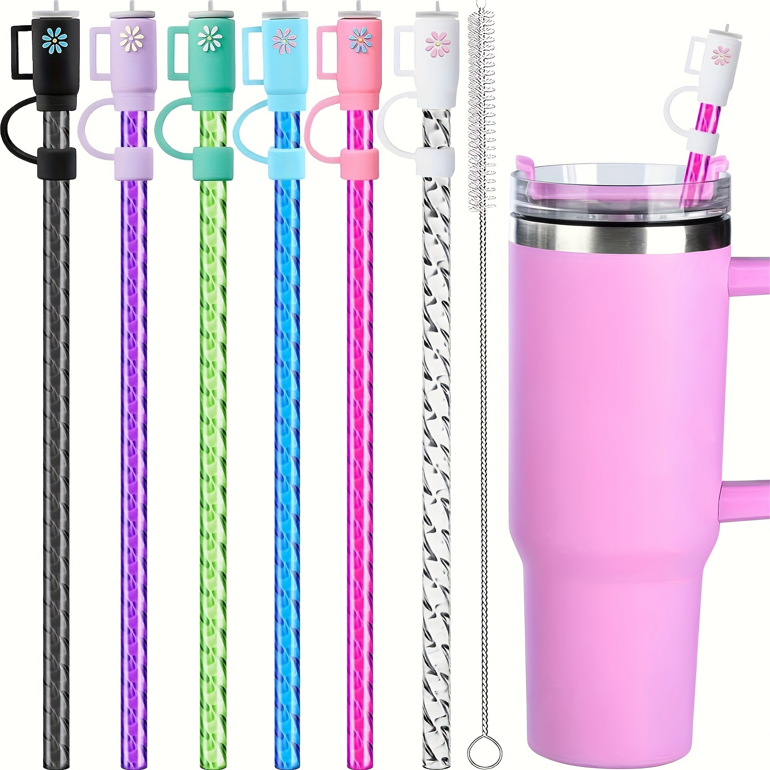 TEMU 6 Reusable Spiral Straws With Caps And Cleaning Brush, Food-safe Plastic, Suitable For 40/30/20oz And Half-gallon Jugs