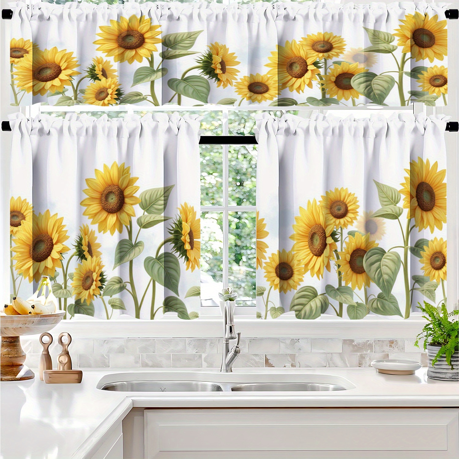 TEMU 2d Flat - 3pcs 2d Flat Printing Sunflower Pattern Polyester Material, Farmhouse Valance Curtains Suitable For Small Spaces, Washable, Suitable