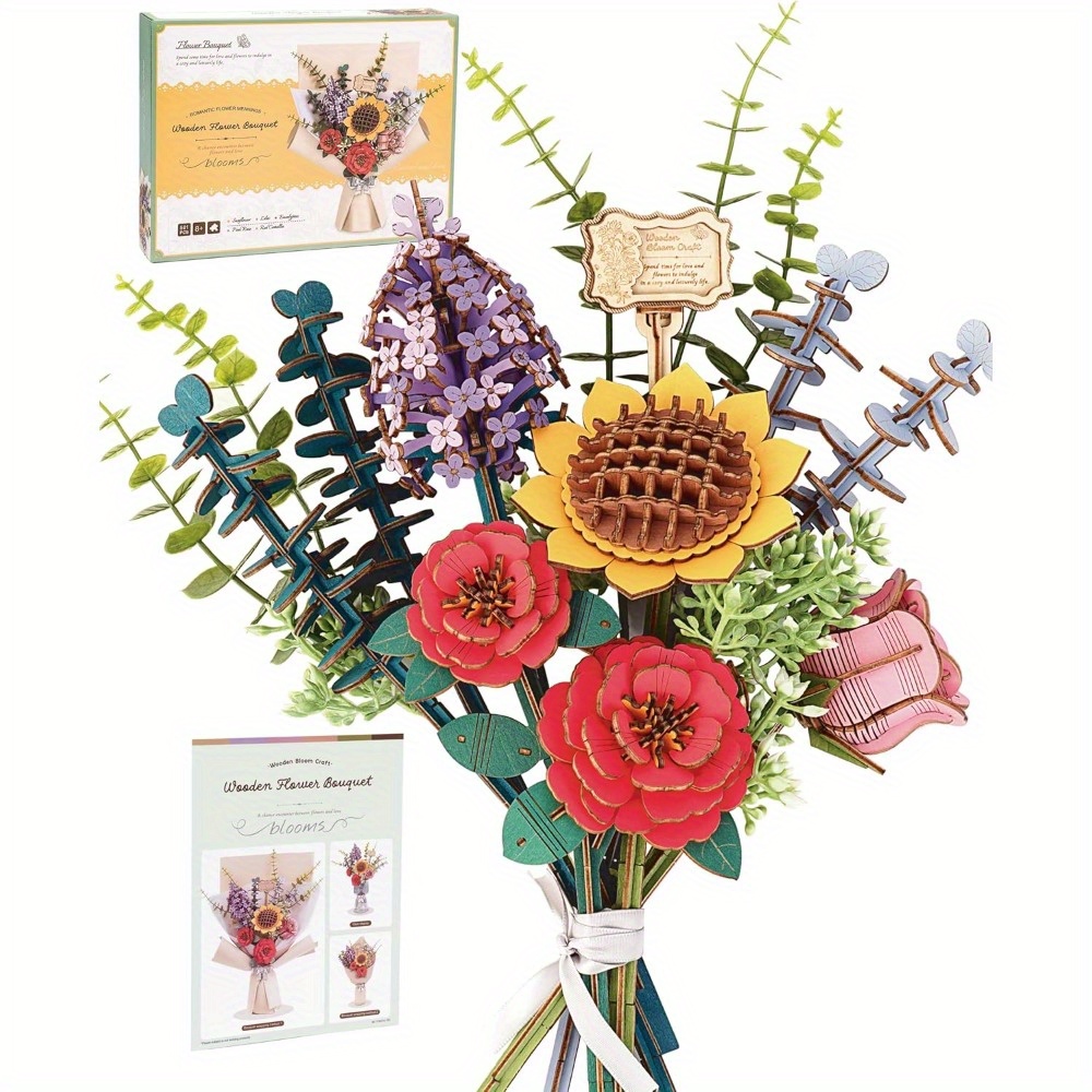 

3d Wooden Flower Bouquet Puzzle Kit - Sunflowers, Red Camellia, & Lilacs | Creative Diy Craft Set For Home