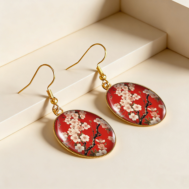 Women's Chinese Plum Blossom Art Dangle Earrings, Golden Oval Design