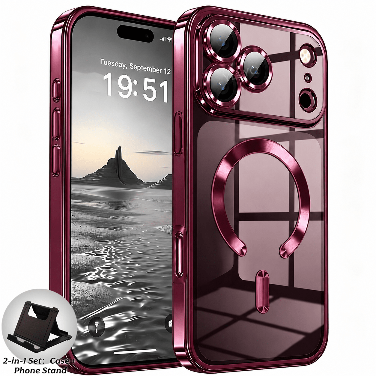 TEMU Phone Case - 2-in-1 Set: Case And Phone Stand Clear Magnetic Phone Case For Iphone 18 17 16 15 14 13 Pro Max, Electroplated Glossy Frame With