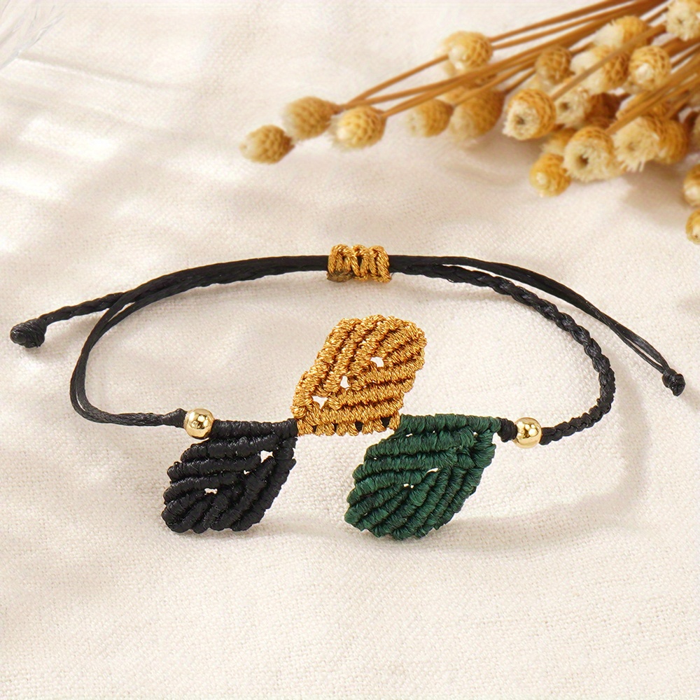 Women's Leaf Weave Rope Bracelet Three Colored Leaf Adjustable Knot