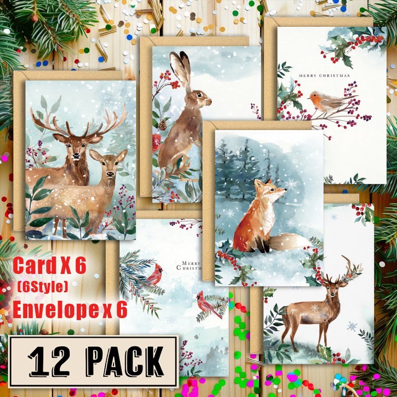 

12-pack Woodland Animal Christmas Cards With Envelopes - Floor Mount, No Power Required, Paper Material, Holiday Greetings For