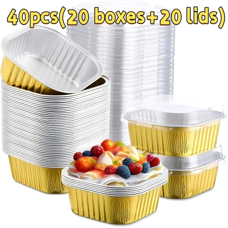 TEMU 40 stuks afgedekte taartschaal (20 + 20 deksels) - Aluminiumfolie bakplaat - Vierkante bakplaat - Pannenkoekschaal, Cheesecake, Brownie, Pudding