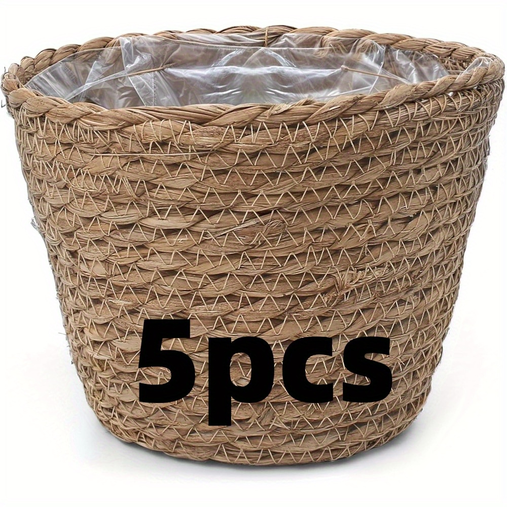 Image of 5pcs, Hand-woven Round Country--absorbing Flower Pots, Suitable For Gardening And Interior Decoration, With Plastic Lining, Suitable For Medium-sized Plants Gardening Gift Home Decor