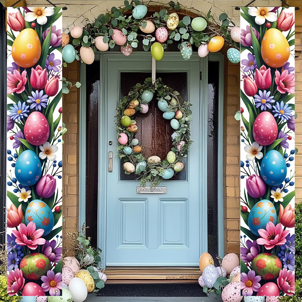 

2-pack Easter Bunny & Egg Polyester Banners, 11.8x0.8inch, Indoor/outdoor Porch Decor, No Electricity Needed, 100% Polyester Easter Party Decorative Flags