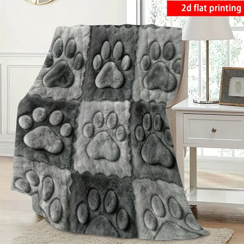 TEMU 2d Flat Printing, 1pc, Gray- Cat Paw Checkered Theme Flannel Blanket, Soft, Lightweight, And Warm, Suitable For , Sofa, Office, Camping, And