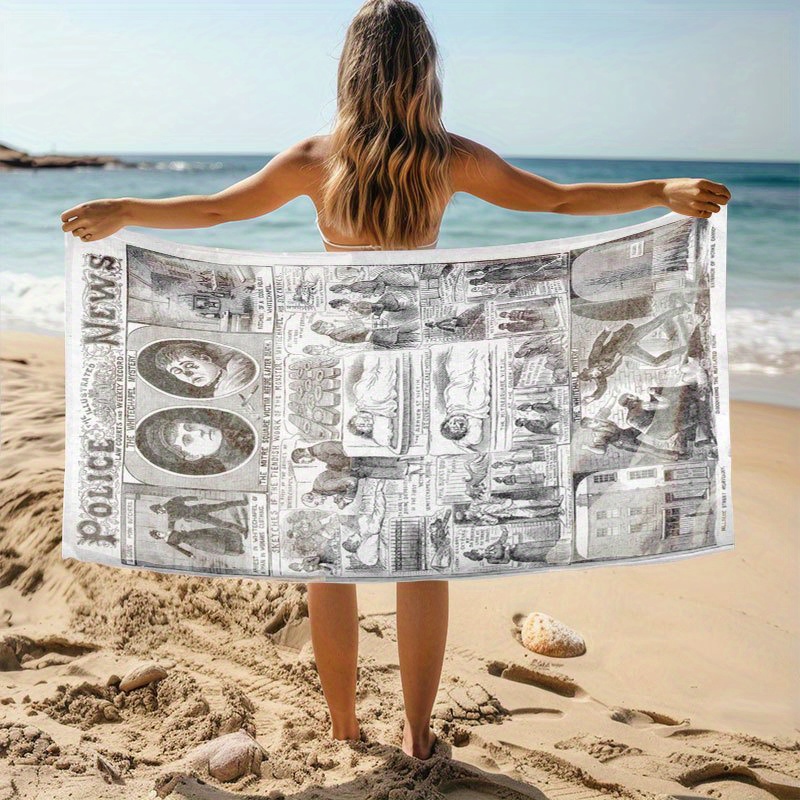     murders beach towel quick dry polyester blend machine washable vintage newspaper print design for beach pool camping travel historical   theme bath accessory poolside accessory retro style durable fabric history   0
