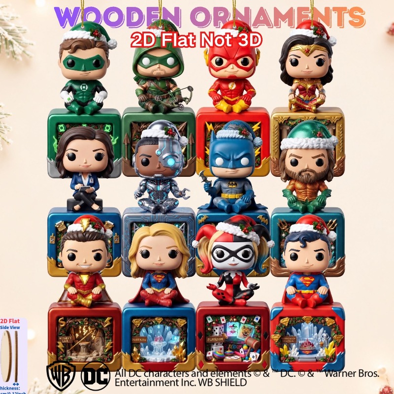 TEMU 2d Flat - Set Of 12pcs Flat 2d Wooden Ornaments ( Superheroes Christmas Series) - Suitable For Bags, Phones, Walls, Or Christmas Tree Toppers;