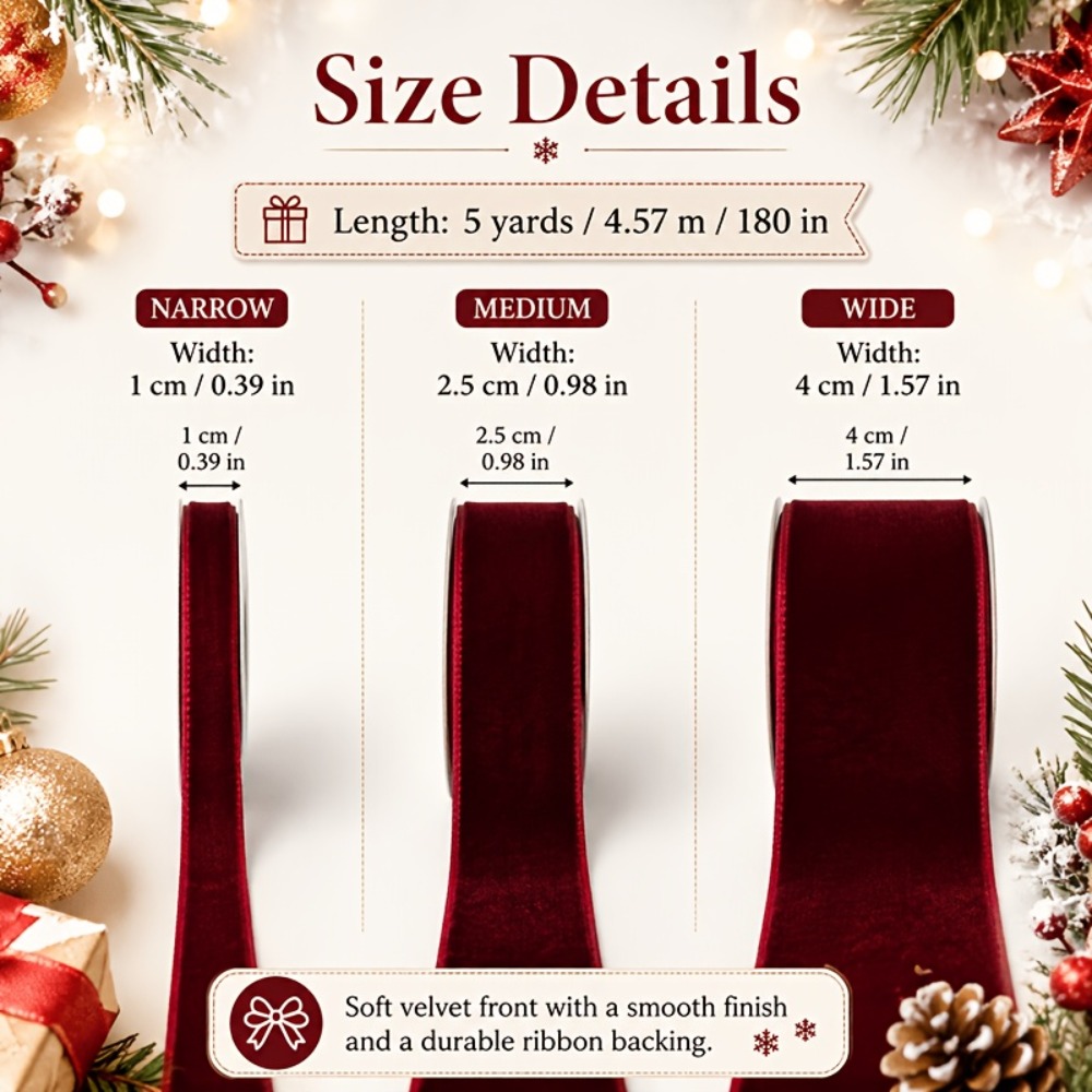TEMU 3 Rolls Of Burgundy Velvet Ribbon, In 3 Sizes. Soft Plush Velvet Trim. Suitable For Wedding, Christmas Gift Box Packaging, Holiday Decoration,