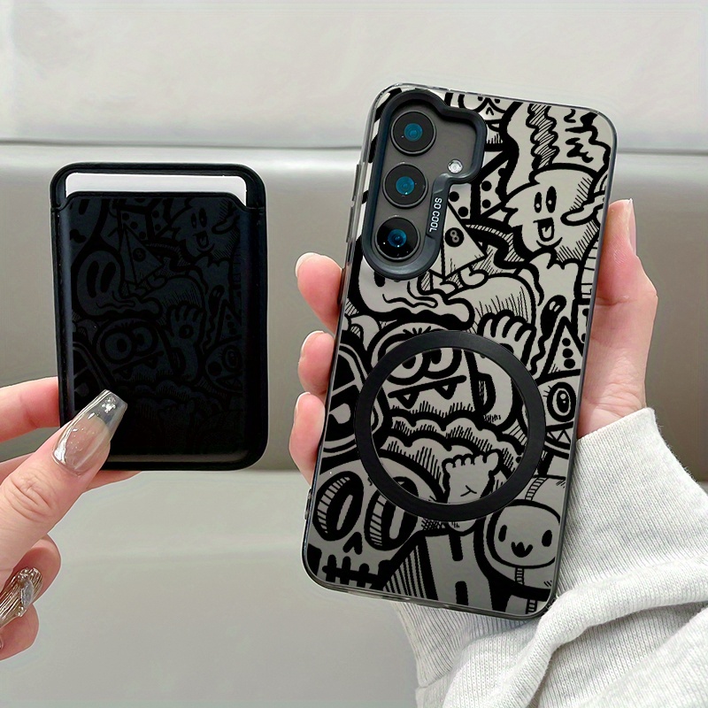 TEMU para teléfono: Juego de 2 piezas lujo moda creativa antiimpacto de dibujos animados navideños negros magnética para teléfono y cuero artificial