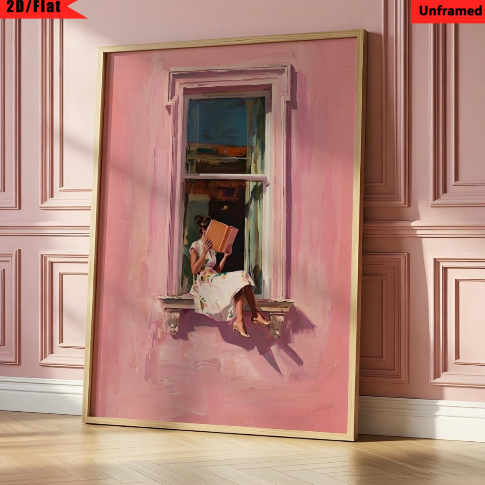TEMU 2d Flat, 2d/flat, 1pc, Unframed, Pink Aesthetic Reading Girl Oil Painting Poster, Woman On Window Sill Wall Art, Coquette Room Decor, Romantic