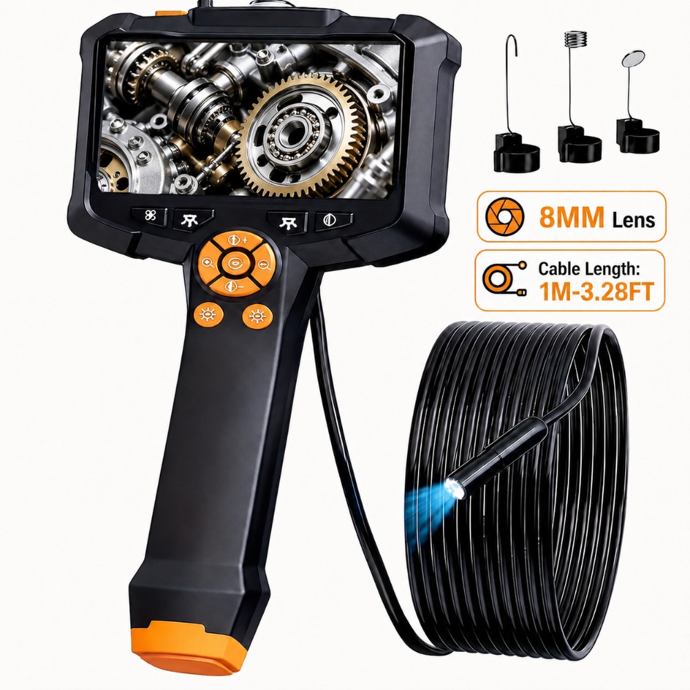 Image of 1080p Industrial Endoscope Camera With 4.3 Inch Ips Screen, 2x Optical Zoom, Ip67 Probe, 8 Adjustable Led Lights, 2000mah Battery, Semi-rigid Cable For Car, Pipe And Equipment Inspection