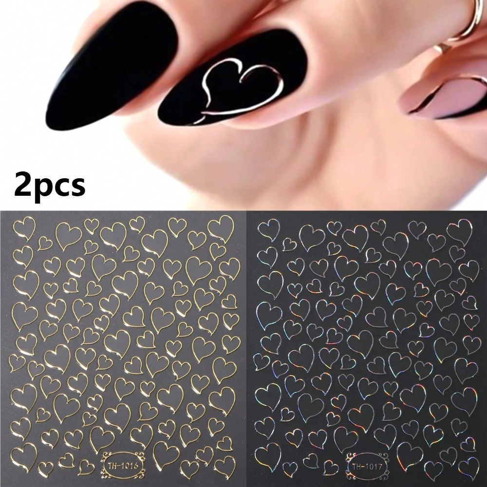 Set Of 2 Hollow Heart-shaped Nail Stickers, Featuring Golden And Silvery Holographic Designs, Perfect For Valentine's Day Nail Art And Supplies