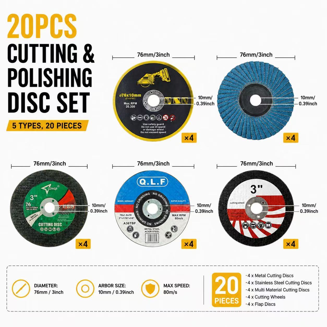 TEMU 3-inch/75mm Metal Cutting Polishing Kit 20pcs, Including 16pcs Stainless Steel Resin Cutting Discs And 4pcs Premium Thickened Durable Grinding