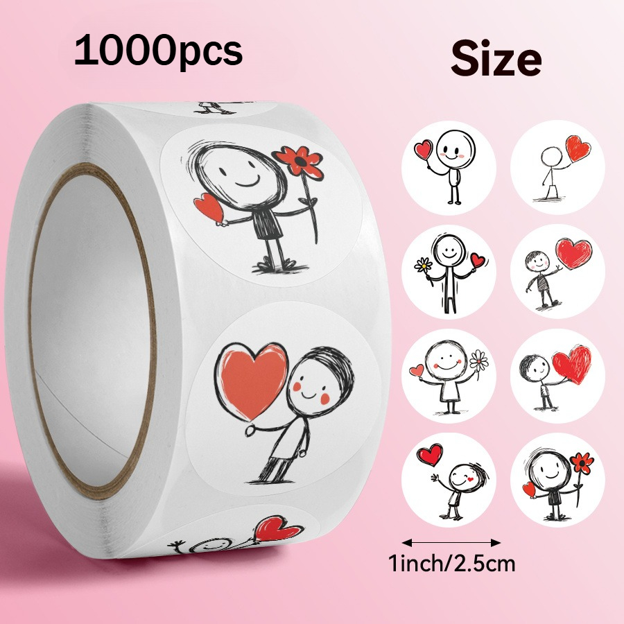TEMU 1000pcs Per Roll, Pencil-drawn Heart Patterns, Suitable For Handmade Crafts, Ideal For Planner Stickers And Scrapbooks, 2.5cm Round, 10 Trendy
