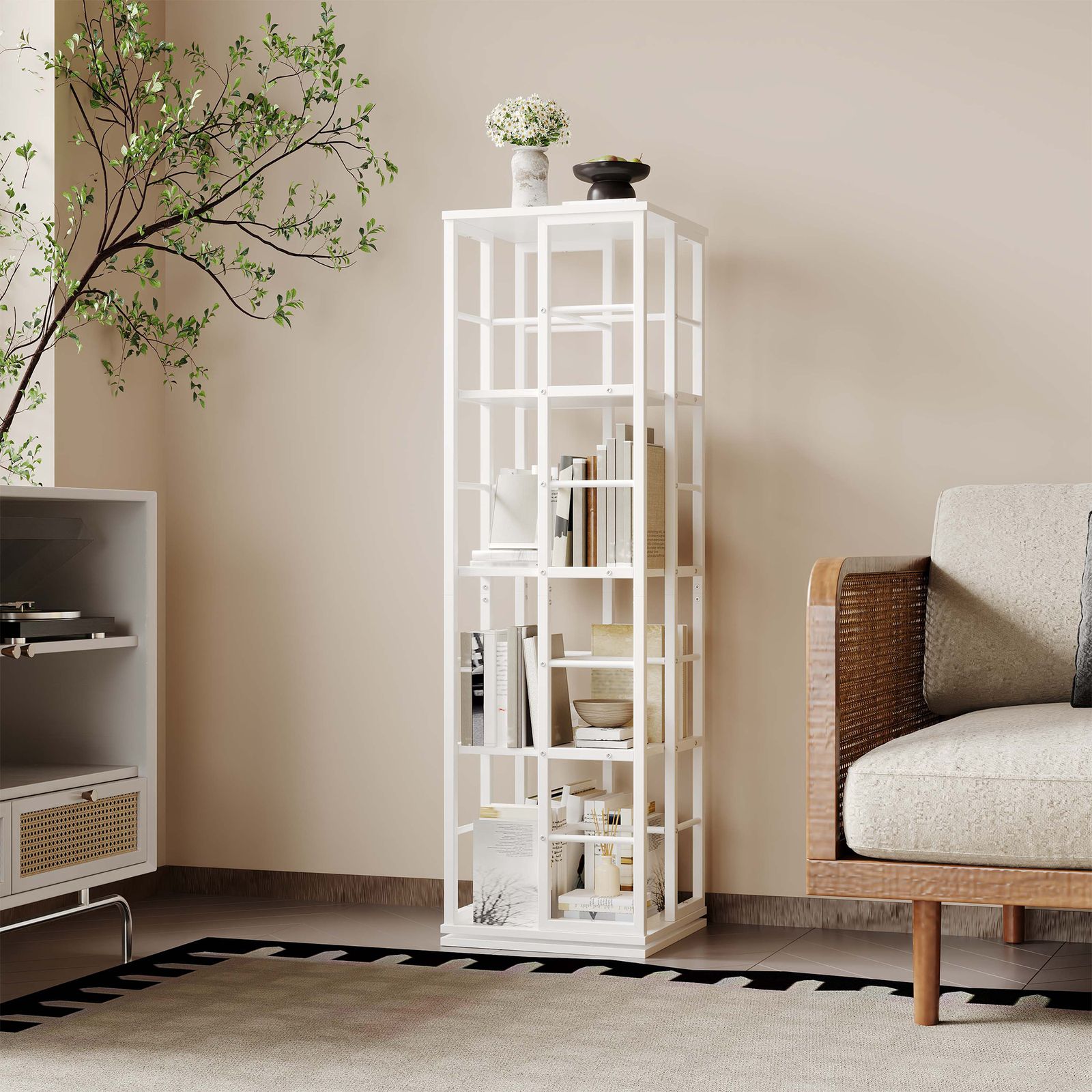 360-degree Rotating Bookshelf With 4 Tiers And Safety Barriers For Storing Books And Decor In Living Rooms, Bedrooms, Or Offices, Measuring 40x40x137 Cm