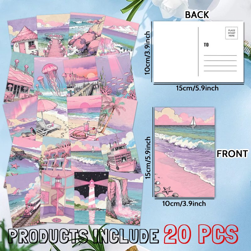 TEMU Set Of 20 Postcards Featuring A Pink Theme, Showcasing Ocean, Beach, And Whimsical . Home Decoration, Scrapbooking, Or As Greeting Cards, Each