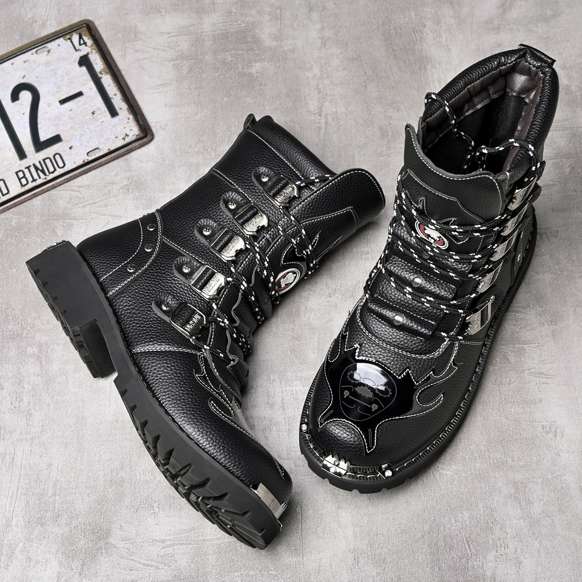 mens punk rock style calf boots multiple metal - Temu Oman