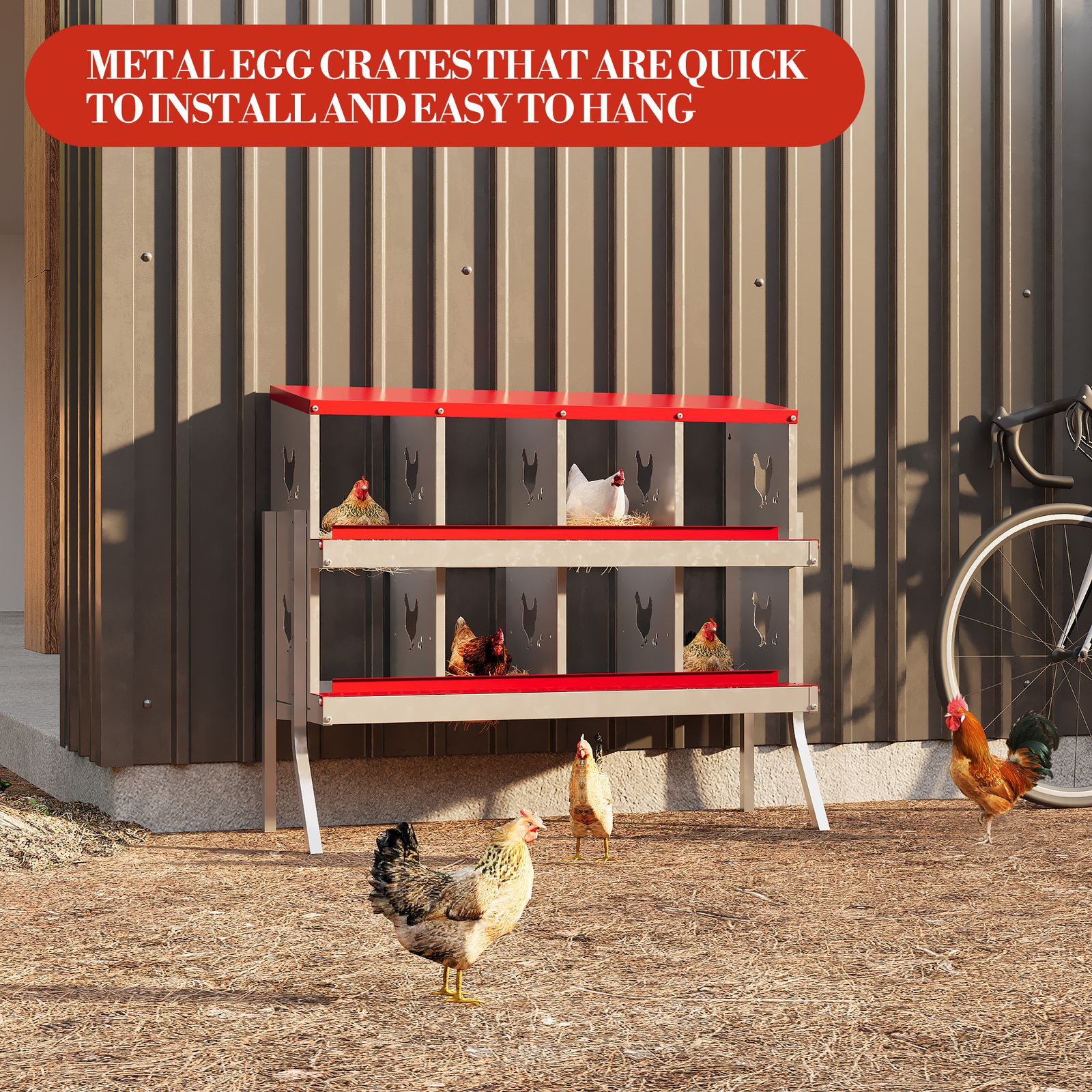 1 Set 8-grid 0.7mm Full Galvanized Steel Chicken Nesting Box | Includes Stand, Egg Collection Tray, Fake Training Eggs, Design, Ventilation Holes, For Chicken Coops