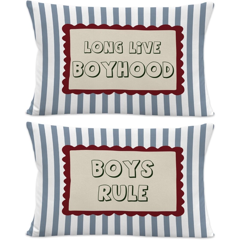 TEMU 2pcs Blue And White Striped Boys' Slogan Waist Pillowcases, Vintage Wavy Border English Rectangular Pillowcases, Suitable For Sofa Bay Window