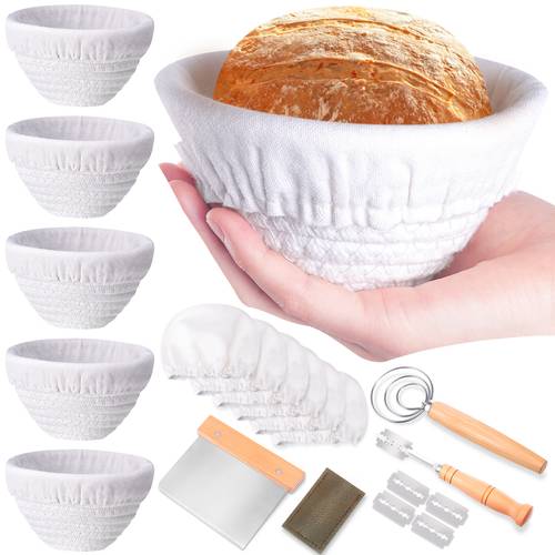 6pcs 5 mini bread proofing basket set cotton rope bread sourdough proofing basket with grooming knife dough whisk dough scraper linen liner sourdough baking